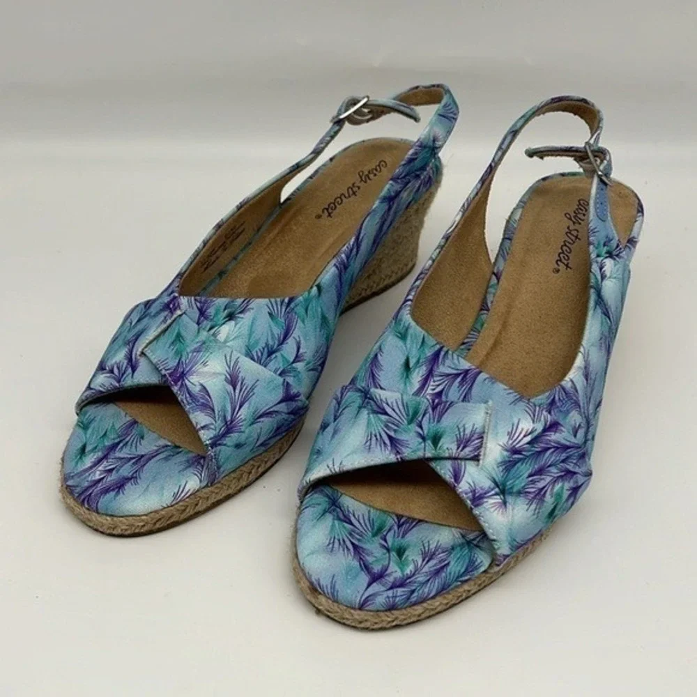 Easy Street‎ Devlin Espadrille Wedge Sandals Blue Purple Tropical Slingback 9.5